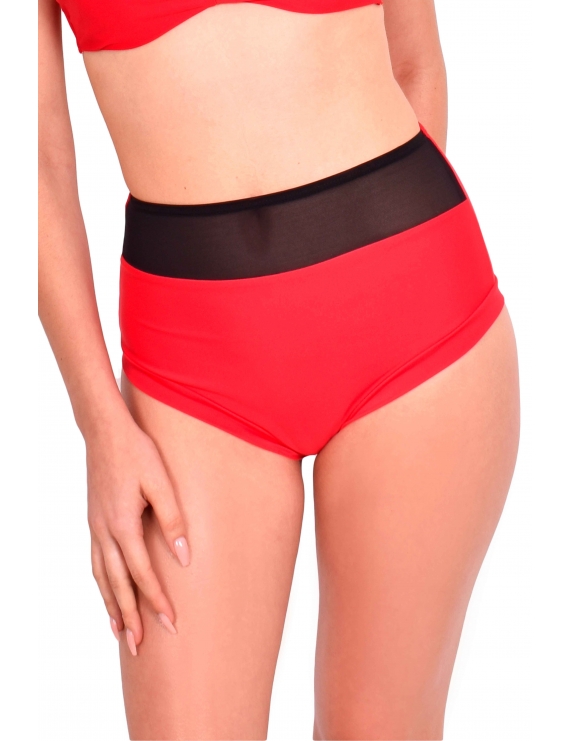 Modelo con calzon de bikini pin up con transparencia rojo